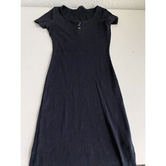 Coton:On Button Front Short Sleeve Ribbed Mini Dress In Black Size XS  Check Pic - Picture 1 of 7